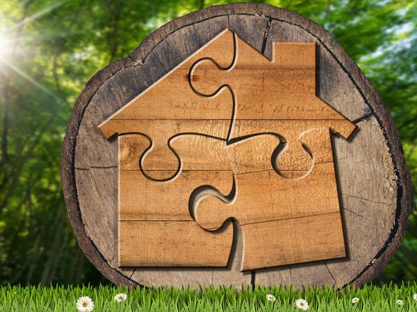 4 wooden jigsaw pieces stuck onto the end of a tree stump making up a house shape, in the background is greenery of a forest, the sun is peeking through