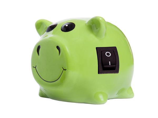 A green piggy bank with an ON/OFF switch