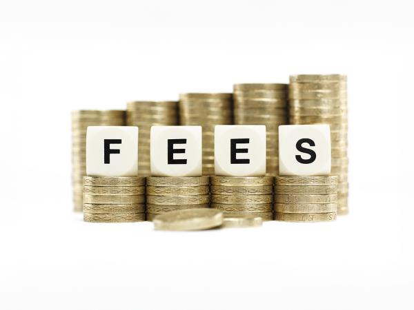 4 piles of coins each with a small building block on top, spelling out the word 'FEES'. behind these 4 piles are a further 5 piles of coins. 