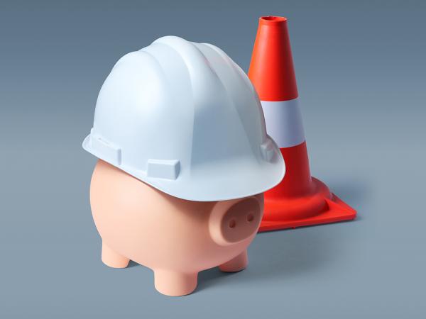 a pig wearing a white construction hat stood near a traffic cone