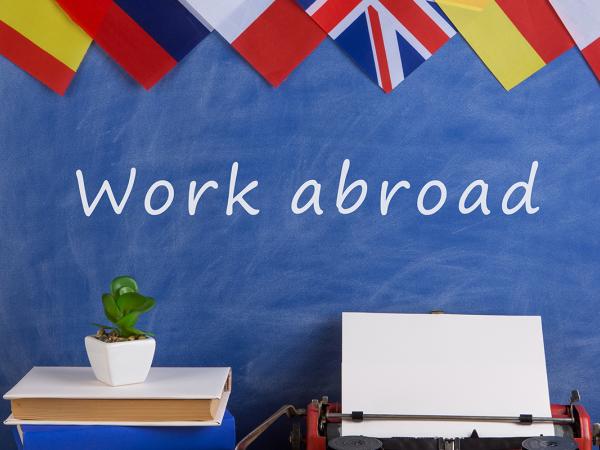 various flags can be seen at the top of the screen, below are a stack of books a small plant and a typewriter, on the wall the words 'WORK ABROAD' can be seen in white text