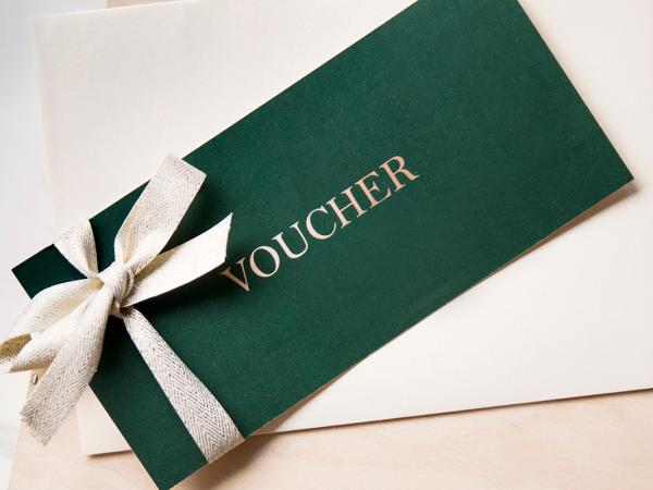 An envelope with the word 'VOUCHER' on the front in white text. 