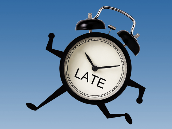 Blue background and a clock with arms and legs running, the clock face has the word 'LATE' in black text. 