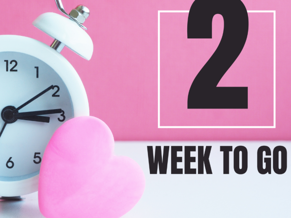 a clock and a love heart against a white and pink background with the words '2 WEEK TO GO' in black text.