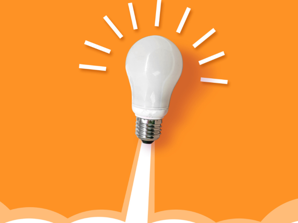 Orange background with a lightbulb launching into the air. 