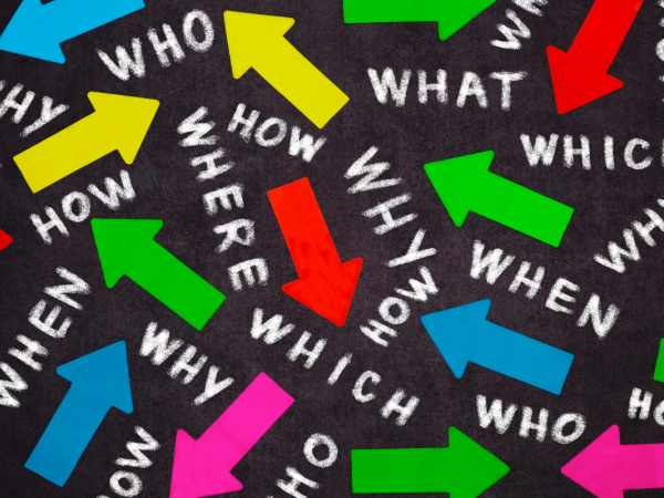 colourful arrows with the words 'WHY', 'WHAT', 'WHO', 'WHEN', 'WHICH', 'HOW'.