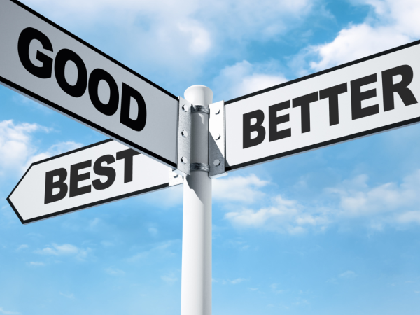 A white street pole with 3 signs coming from it saying 'GOOD', 'BETTER' and 'BEST'