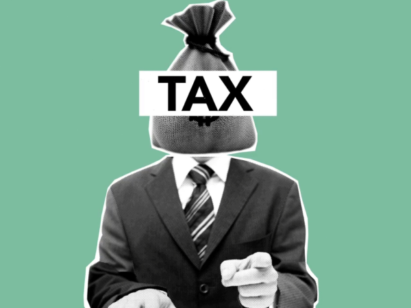 A business person pointing with a money sack for a head and the word 'TAX' on top. 