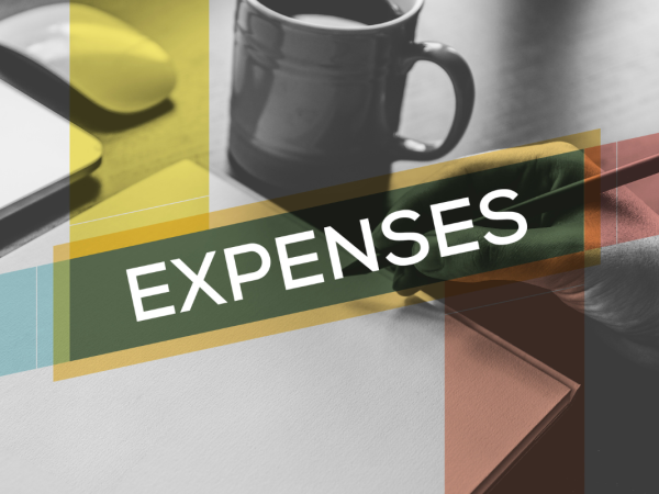 A person sat at a desk with a colourful highlight across the image with the word 'EXPENSES' in white text. 