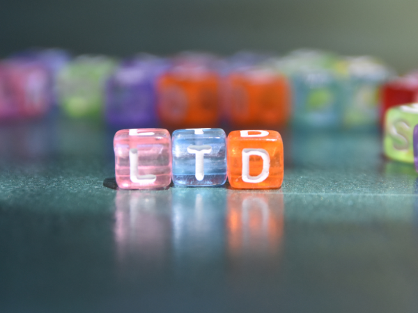 coloured square beads with letters on, the letters together spell out 'LTD'