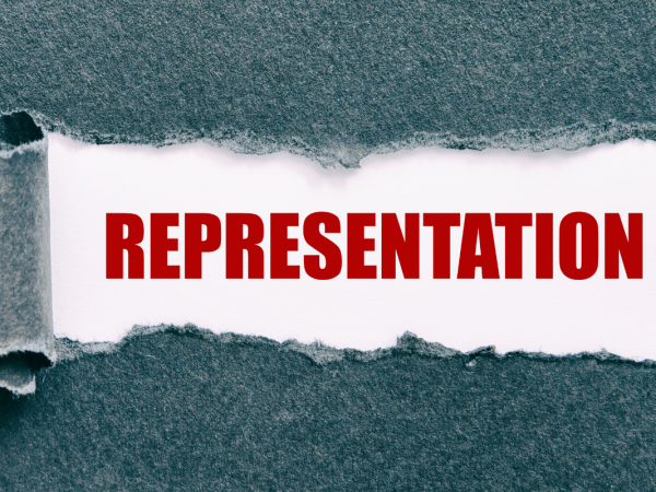 A grey paper with a tear in the middle, through the tear the word 'REPRESENTATION' can be seen in red text against a white background. 