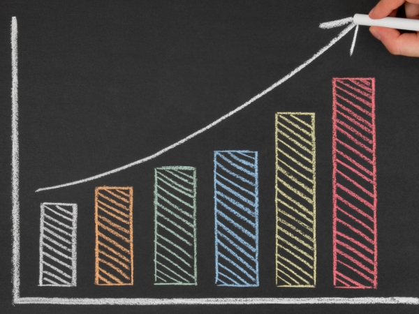 Bar chart drawn on a chalkboard with different colours, each bar gets slightly higher as the chart continues. 