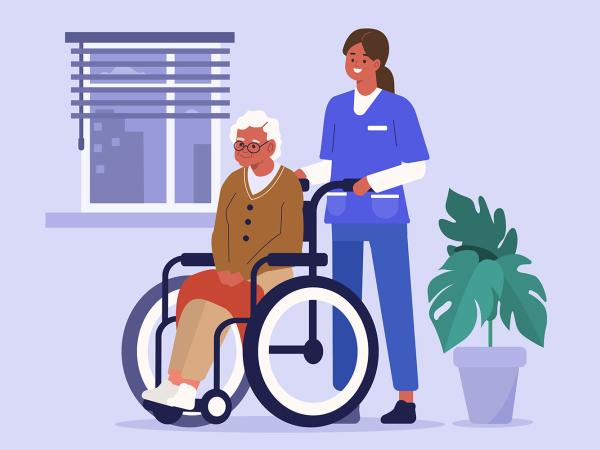 Illustration of an elderly woman in a wheelchair with her carer