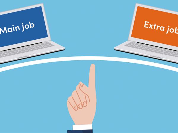 Illustration of two computer screens showing the words main job and extra job