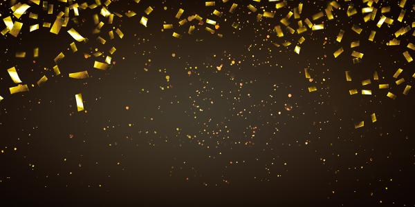 raining gold confetti isolated on black, party background concept