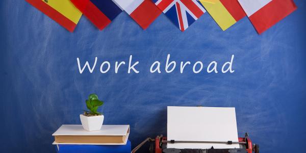 various flags can be seen at the top of the screen, below are a stack of books a small plant and a typewriter, on the wall the words 'WORK ABROAD' can be seen in white text