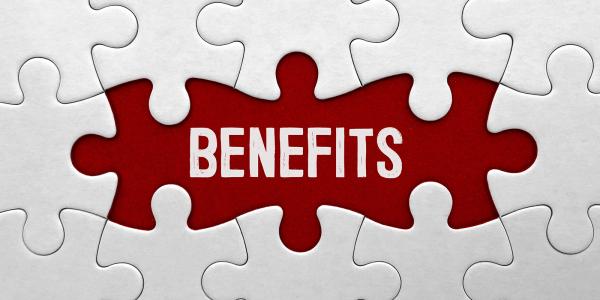 A white jigsaw against a red background, 3 pieces of the puzzle are missing, on the red beneath the jigsaw the word 'BENEFITS' can be seen in white text.
