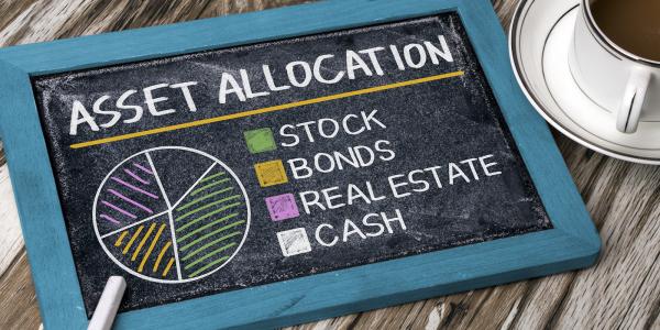 A chalkboard with the title 'ASSET ALLOCATION' underneath this is a pie chart and key with the categories of 'STOCK, BONDS, REAL ESTATE, and Cash'.