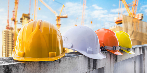 Various contractor hard hats sat on top of a wall. 