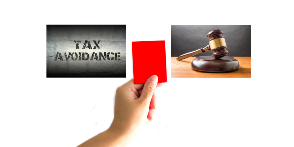 The words 'TAX AVOIDANCE', a person holding up a red card and a hammer and gavel. 