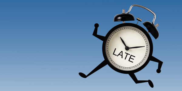 Blue background and a clock with arms and legs running, the clock face has the word 'LATE' in black text. 