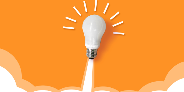 Orange background with a lightbulb launching into the air. 