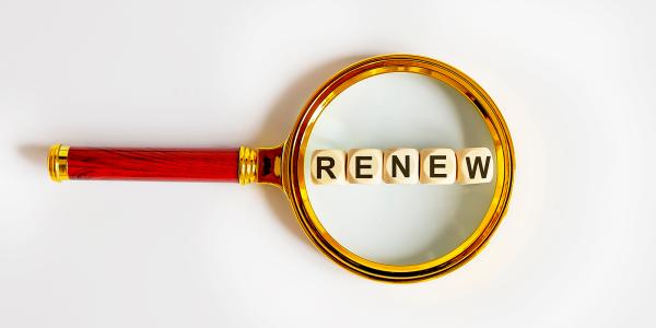 A magnifying glass hovering over some wooden blocks, the wooden blocks read the word 'RENEW'. 