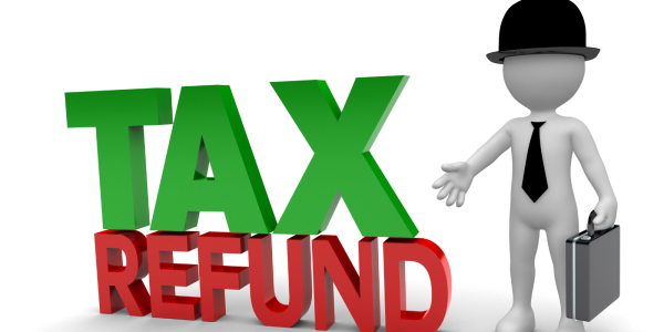 A person wearing a hat, a tie and carrying a briefcase next to the words 'TAX REFUND' 