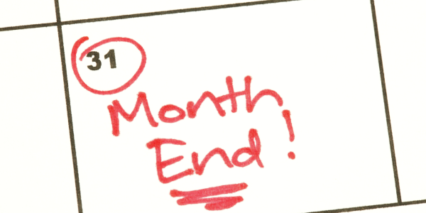 Calendar showing 31st of the month which is circled in red with the words 'MONTH END!' written in red ink.