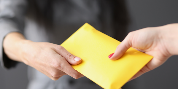 an employer handing an envelope to an employee