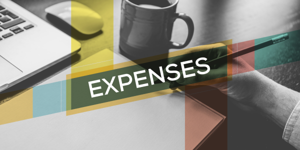 A person sat at a desk with a colourful highlight across the image with the word 'EXPENSES' in white text. 